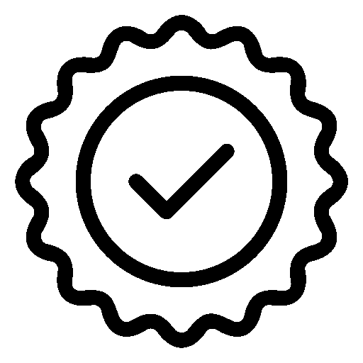 A black and white graphic icon featuring a circular badge with a checkmark inside, surrounded by a wavy outer border refers to guarantee.