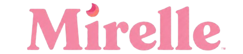 The pink 'Mirelle' logo with a small peach crescent moon accent above the 'M' on a plain white background.