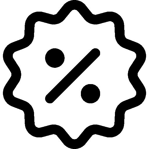A black scalloped badge icon containing a percentage symbol on a white background.